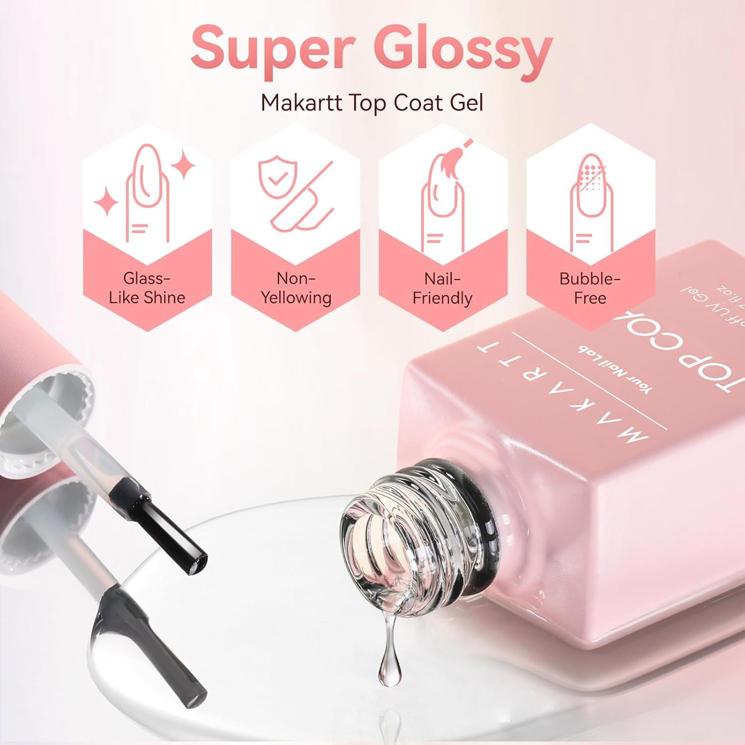 Makartt Gel Top Coat - 2PCS No Wipe Top Coat Gel Nail Polish, Long-Lasting Glossy Finish, Clear Nail Polish, Non-Yellowing, Pink Bottle, Soak Off with UV/LED Lamp, DIY Manicure Gift for Women-Velvo Beauty