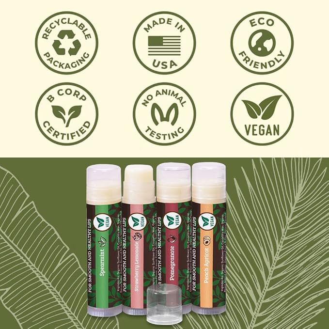 Vegan Lip Balm by Earth’s Daughter, Beeswax Free Lip Balm, Natural, Organic Flavors - 4 Pack of Assorted Flavors, Plant Based Vegan Chapstick, Lip Moisturizer-Velvo Beauty