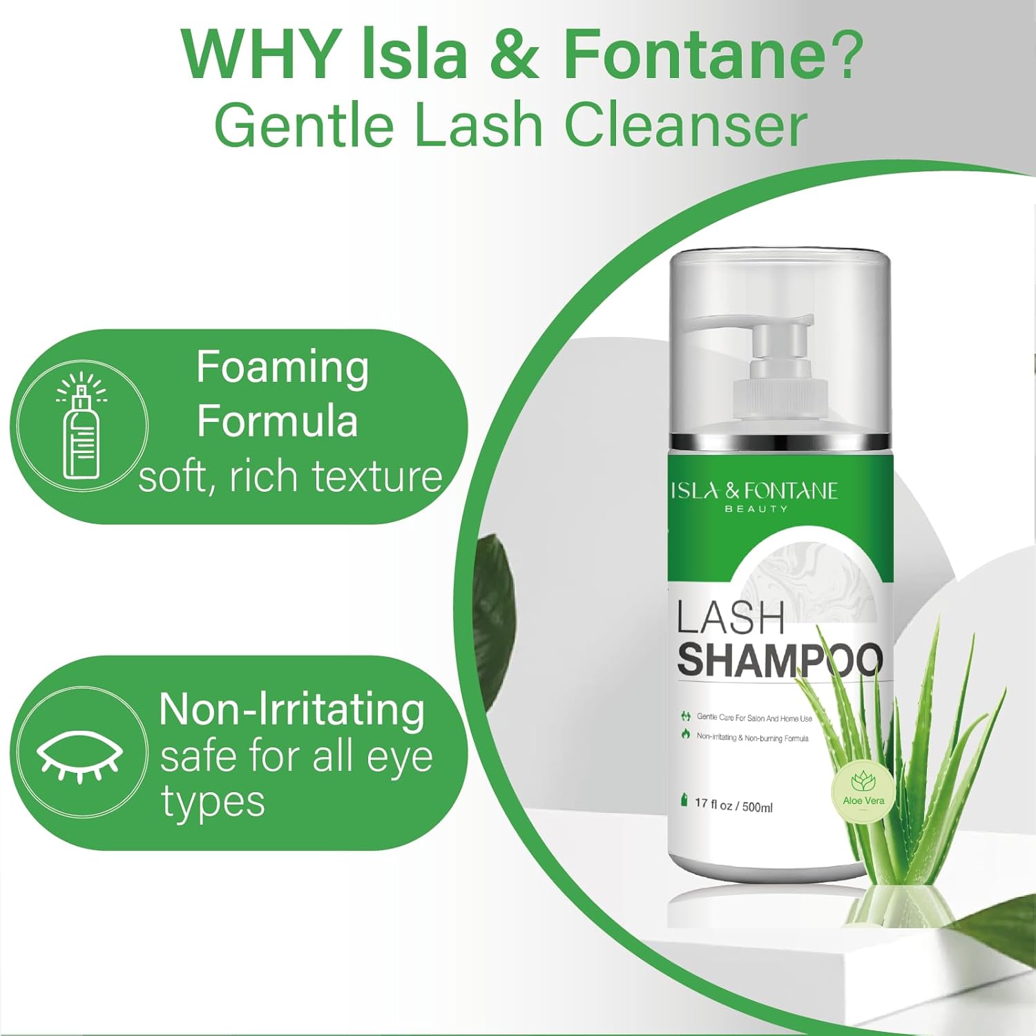 Isla & Fontane Lash Shampoo Bulk – Multi-Scent Series – 17 fl oz / 500ml | Gentle Eyelash Cleanser for Lash Extensions | Non-Irritating | Professional Lash Bath Foam For Salon And Home Use (Aloe Vera)-Velvo Beauty