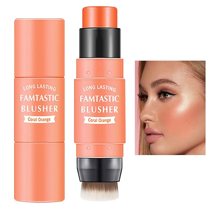 Cream Blush Stick with Brush,Waterproof Multi Cream Makeup Stick,Lightweight,Long-lasting,2 in 1 Multi Blush for Cheeks & Lip Tint & Eyeshadow Makeup(#03 Coral Orange)-Velvo Beauty