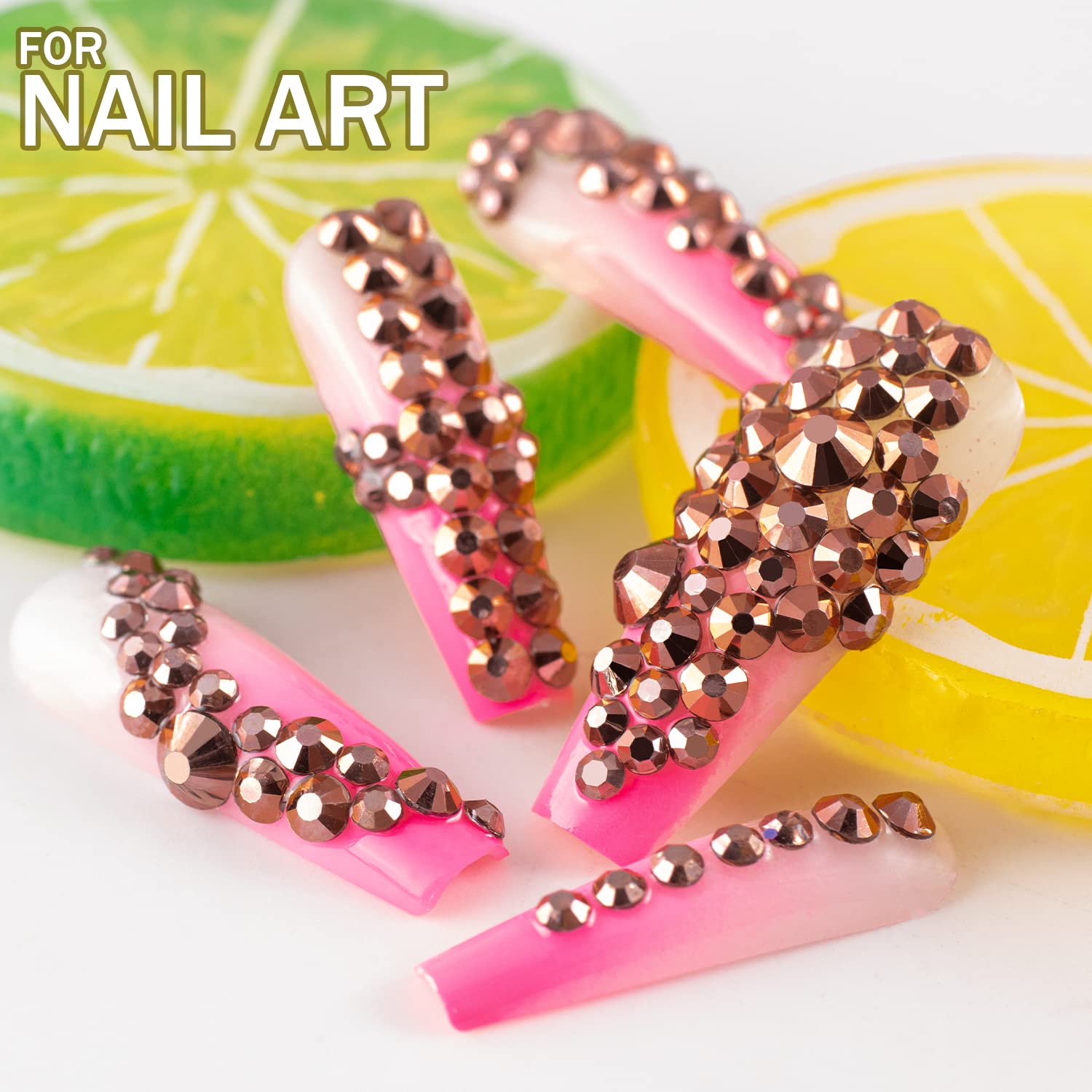 One Pack 2000 Pcs of Flatback Round Rose Gold Rhinestones 6 Sizes (1.5-6 mm) with Nail Art Rhinestone Picker Pencil and Tweezers for DIY and Salon Use-Velvo Beauty