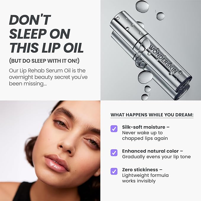 Wonderskin Lip Oil - Lip Rehab Serum Oil, Hydrating and Moisturizing Clear Serum for Dry Lips - Natural, Vegan and Non-sticky (Clear)-Velvo Beauty