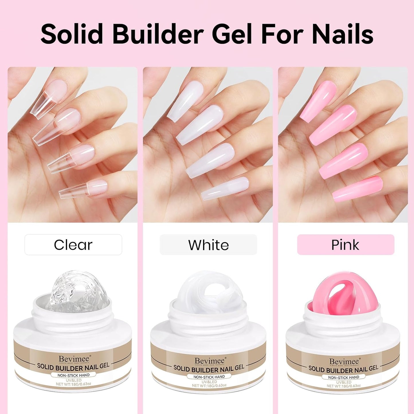 Solid Builder Gel for Nails 3PCS, Clear White Pink 3D Sculpting Hard Gel for Nail Art Non-Stick Hand, for Modeling, Sculpture, Nail Extension UV/Led Manicure DIY At Home 18g*3Colors-Velvo Beauty