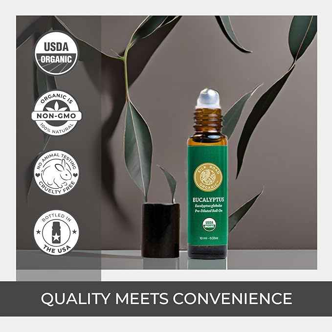 Silk Road Organic Eucalyptus Essential Oil Roll On, 100% Pure USDA Certified - Respiratory Health, Colds, Cough, Sinus & Allergy Congestion - 10 ml Roller - Always Pure, Always Organic-Velvo Beauty