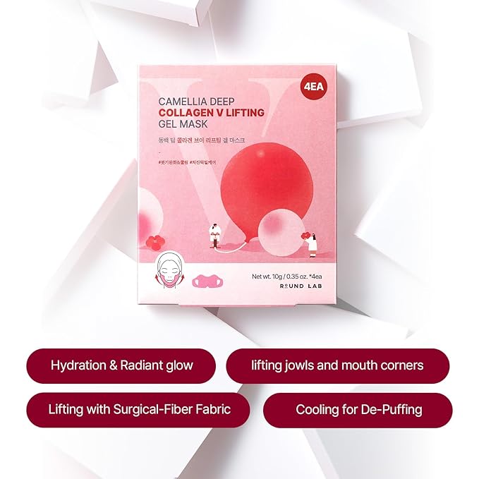 ROUND LAB Camellia Deep Collagen V Lifting Gel Mask 4EA | Double-chin Mask, Instant Cooling & Depuffing, Face Toning Belt, Collagen V-line, Improves Sagging Skin, Lifting & Firming 10g/0.35oz-Velvo Beauty