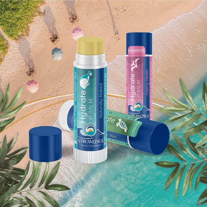 Stream2Sea Hydrate Lip Balm Set, Cherry Vanilla, Naturally Naked and Cucumber Mint Reef Safe Lip Balms, Nourishing and Moisturizing Indoor Lip Balm For Daily Use, Paraben Free-Velvo Beauty