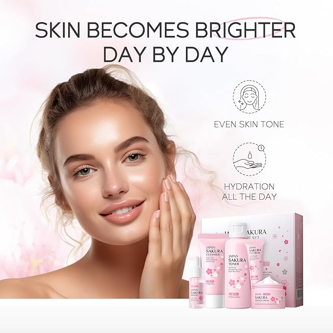 Skin Care Set JAPAN SAKURA Women Beauty Gift Sets Skin Care Kit with Cleanser, Toner, Serum, Eye Cream, Face Cream Travel Kit for Women Teen Girls Mom Daughter Birthday TSA-friendly Sizes 5pcs-Velvo Beauty