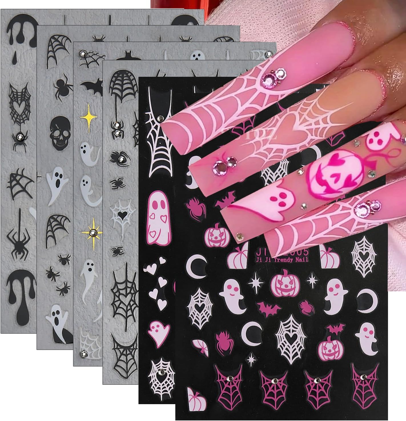 6Sheets Halloween Nail Stickers for Nail Art,3D Self-Adhesive Cute Ghost Spider Web Nail Decals with Rhinestones Design,Pink Pumpkin Spiders Skull Nail Art Stickers for Women Girls DIY Nail Decoration-Velvo Beauty