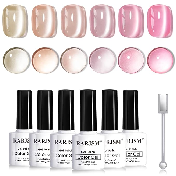 RARJSM Nude Jelly Glass Cat Eye Gel Nail Polish Set 6Pcs Champagne Gold Rose Blush Metal Pink Red Smoothie Ceramics Cateye Silver Glitter Gelpolish with Magnetic Stick UV LED Curing Require Home Salon-Velvo Beauty