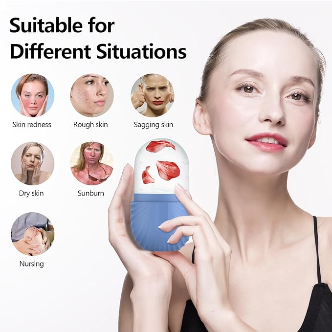 Ice Roller for Face and Eye, Silicone Ice Facial Roller Ice Holder, Face Ice Mold Skin Care, Face Icers Reusable Ice Cube Roller for Shrink Pores Anti Wrinkle Reduce Puffiness, Blue-Velvo Beauty