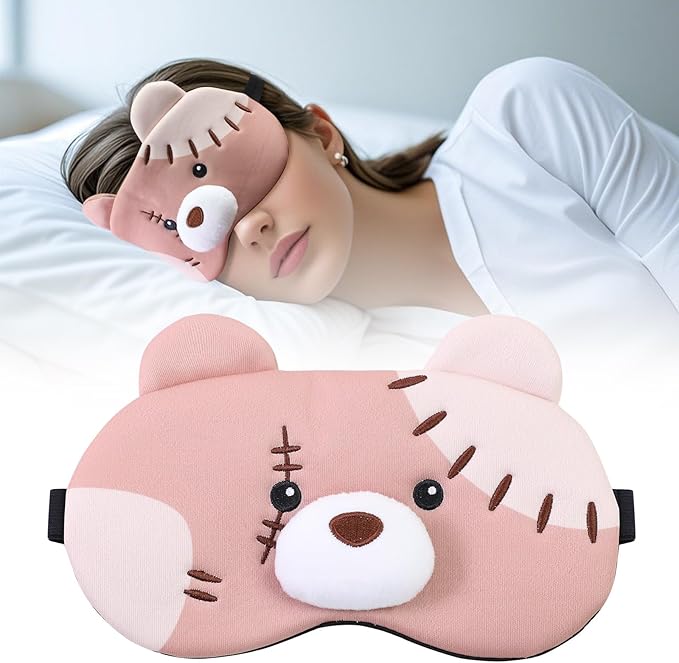 PERFECTSIGHT Sleep Eye Masks, Cute Plush Sleep Eye Cover Lightweight Adjustable Eyeshade Faux Fur Mask Cover for Women Men Kids Sleep Travel Nap, Big Eye Girl, Purple Nose, Brown Pudding Bear-Velvo Beauty