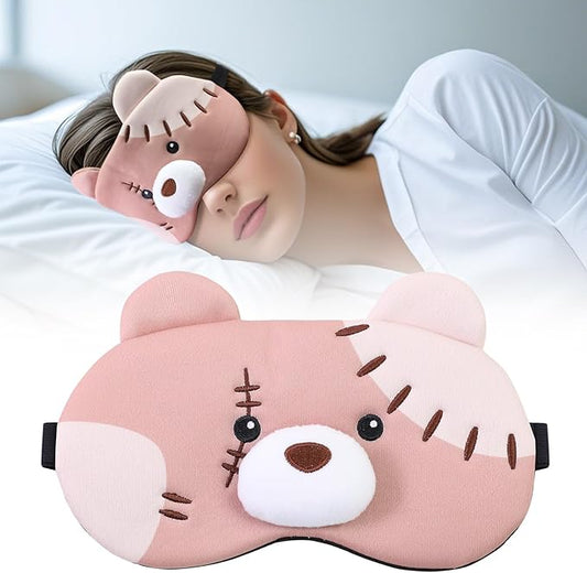 PERFECTSIGHT Sleep Eye Masks, Cute Plush Sleep Eye Cover Lightweight Adjustable Eyeshade Faux Fur Mask Cover for Women Men Kids Sleep Travel Nap, Big Eye Girl, Purple Nose, Brown Pudding Bear-Velvo Beauty