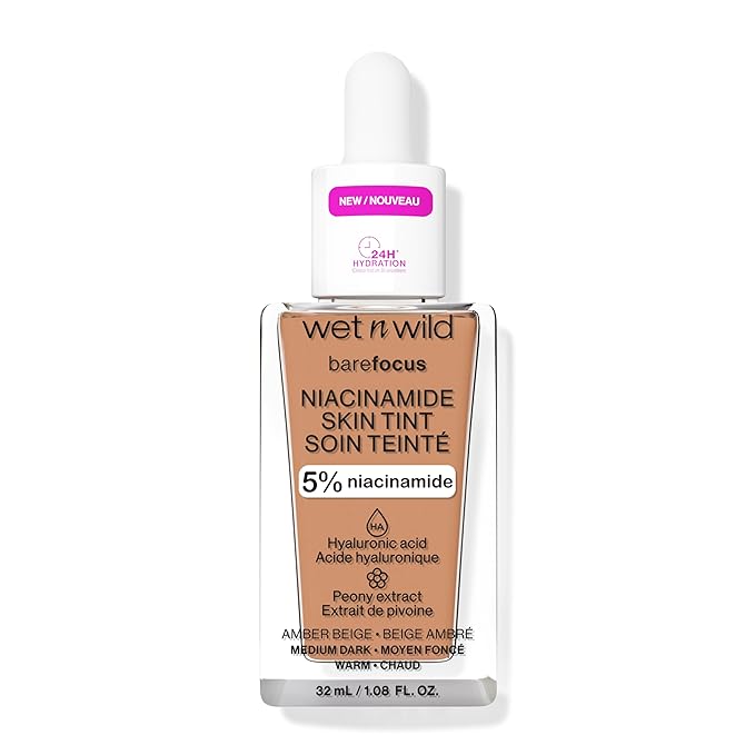 wet n wild Bare Focus Skin Tint, 5% Niacinamide Enriched, Buildable Sheer Lightweight Coverage, Natural Radiant Finish, Hyaluronic & Vitamin Hydration Boost, Cruelty-Free & Vegan - Amber Beige-Velvo Beauty