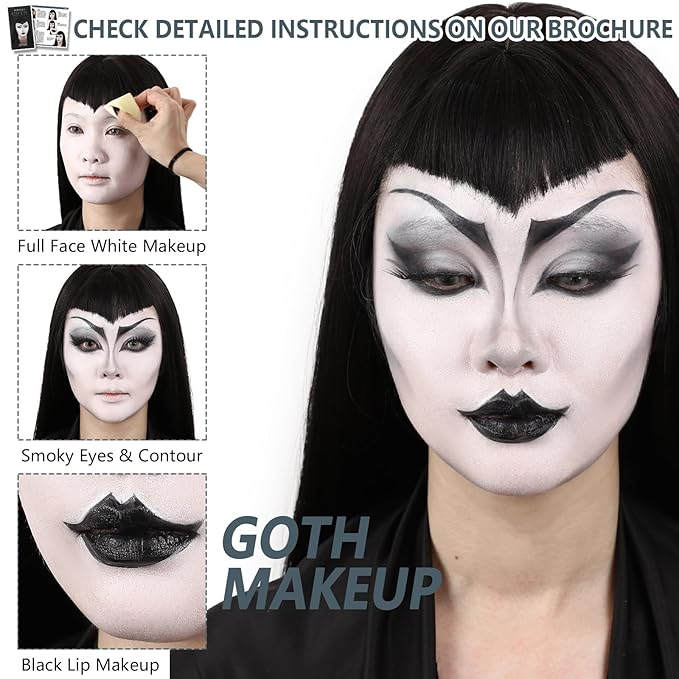 Halloween Goth Makeup, Complete Goth Make Up Set with White Foundation, Black Lipstick, Dark Smokey Eyeshadow Kit for SFX Gothic Makeup, Cosplay, Costume Party, Theater and Film-Velvo Beauty