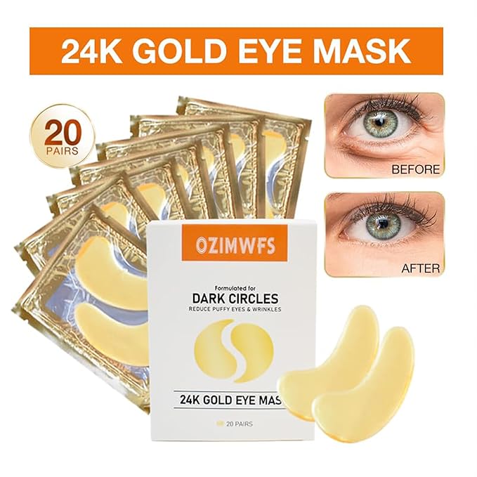 Organic 24K Gold Eye Mask with Collagen. Treatments reduce Puffy Eyes and Dark Circles Reduce Wrinkles and Fine lines-Velvo Beauty