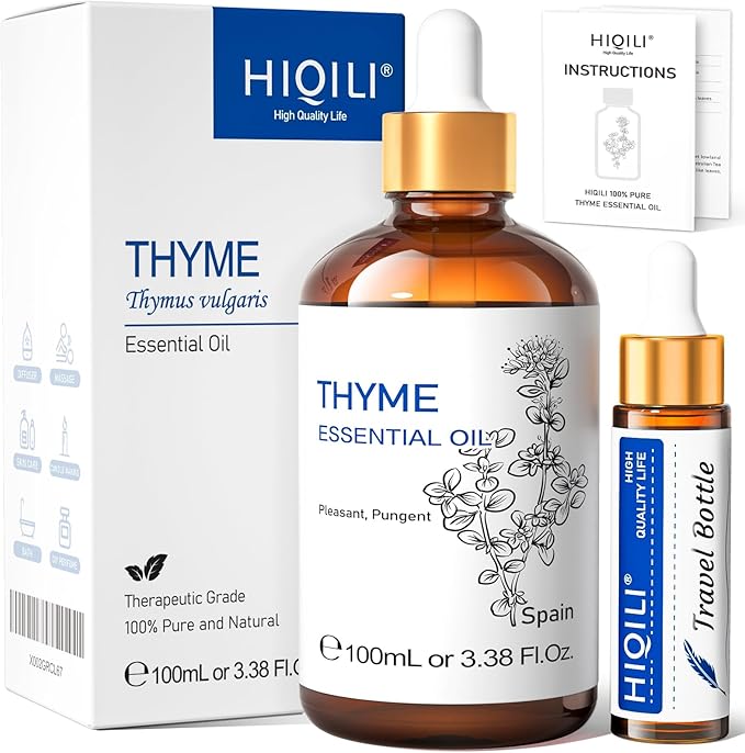 HIQILI 3.38 Fl Oz Thyme Essential Oil, 100% Pure Undiluted for Hair, Skin, Diffuser, Aromatherapy, Includes 10ML Travel Bottle - 100ML-Velvo Beauty