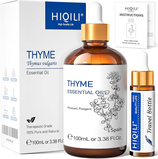 HIQILI 3.38 Fl Oz Thyme Essential Oil, 100% Pure Undiluted for Hair, Skin, Diffuser, Aromatherapy, Includes 10ML Travel Bottle - 100ML-Velvo Beauty