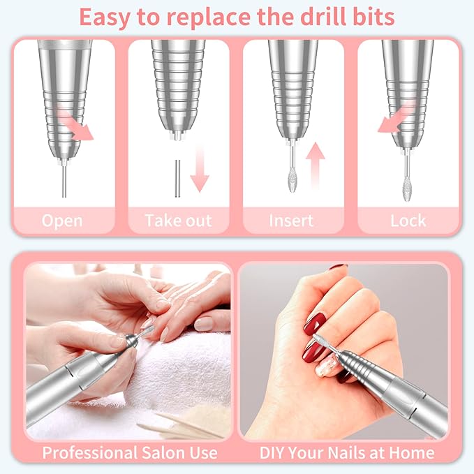 Portable Nail Drill Professional 35000 RPM, MOCOWIND Rechargeable Electric Nail File Machine for Acrylic Nails Gel Polishing Removing, Cordless E-File with Bits Kit for Manicure Salon Home, White-Velvo Beauty