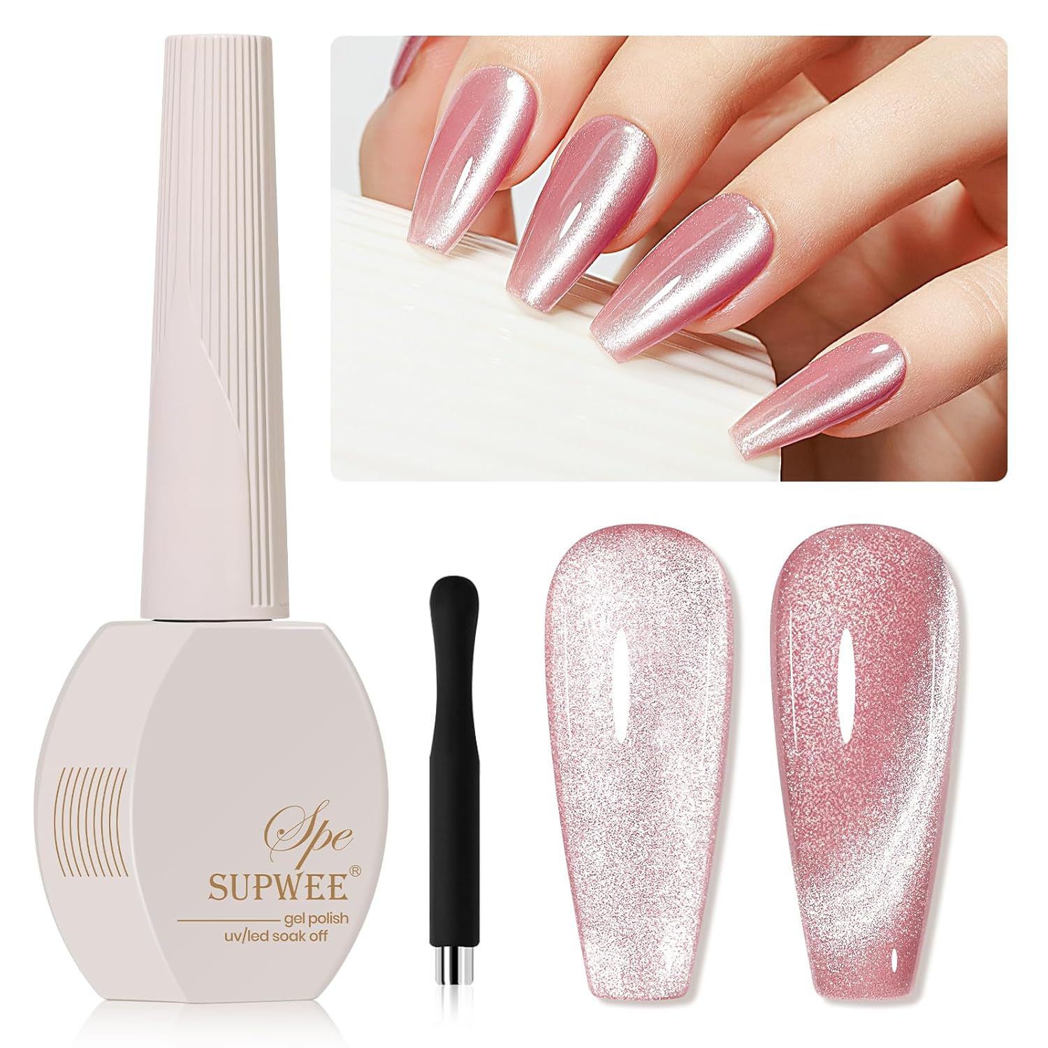 Pink Cat Eye Gel Nail Polish, Holographic Magnetic Gel Nail Polish Glitter Shimmer Effect with Magnet Soak Off U V Salon DIY at Home, 0.5 OZ-Velvo Beauty