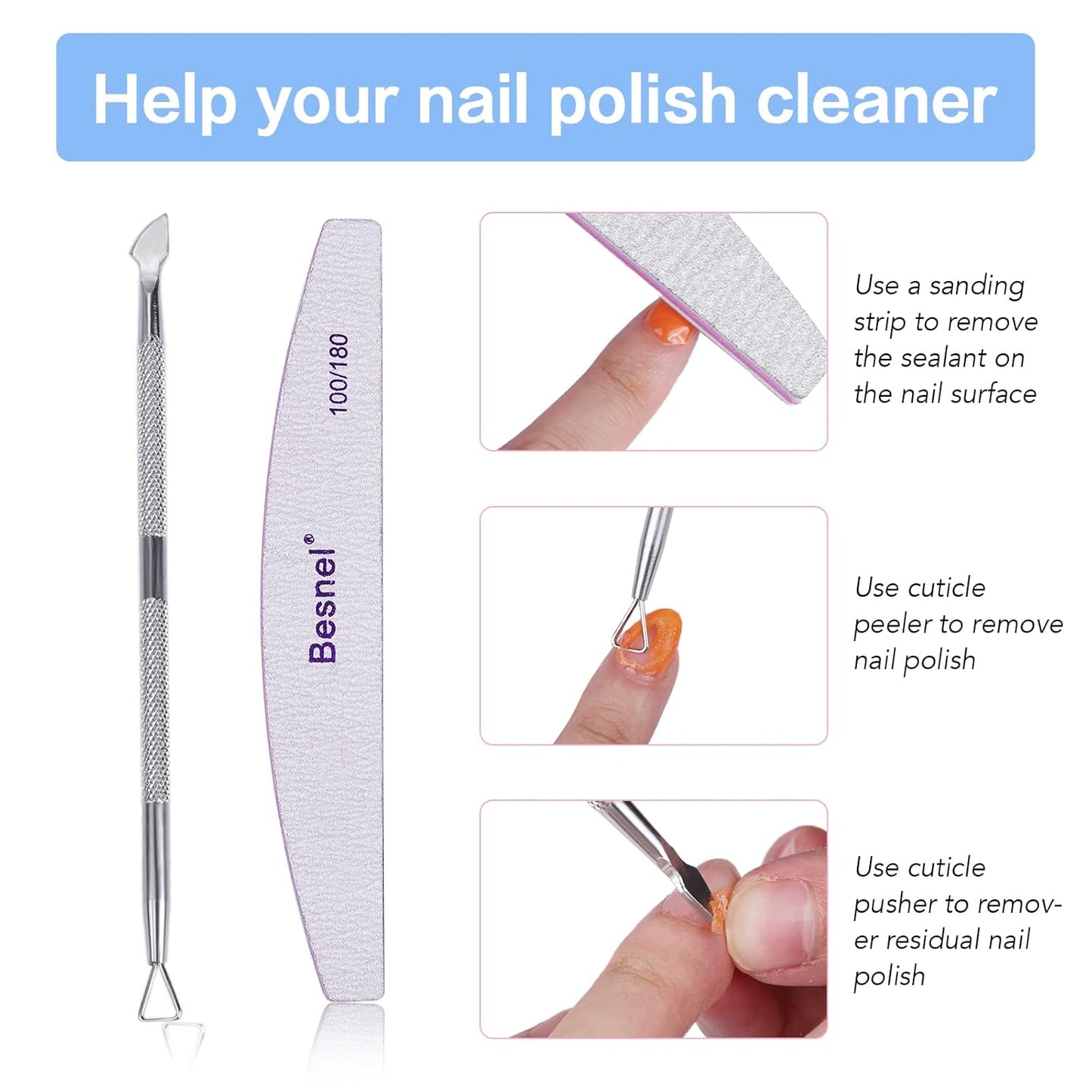 Gel Nail Polish Remover 5 Pack Professional Gel Polish Remover Non-Irritating Quick Easy,Nail Polish Gel Remover Tools Kit Nail File Cuticle Pusher Nail File Grit, No Need For Foil Soaking Or Wrapping-Velvo Beauty