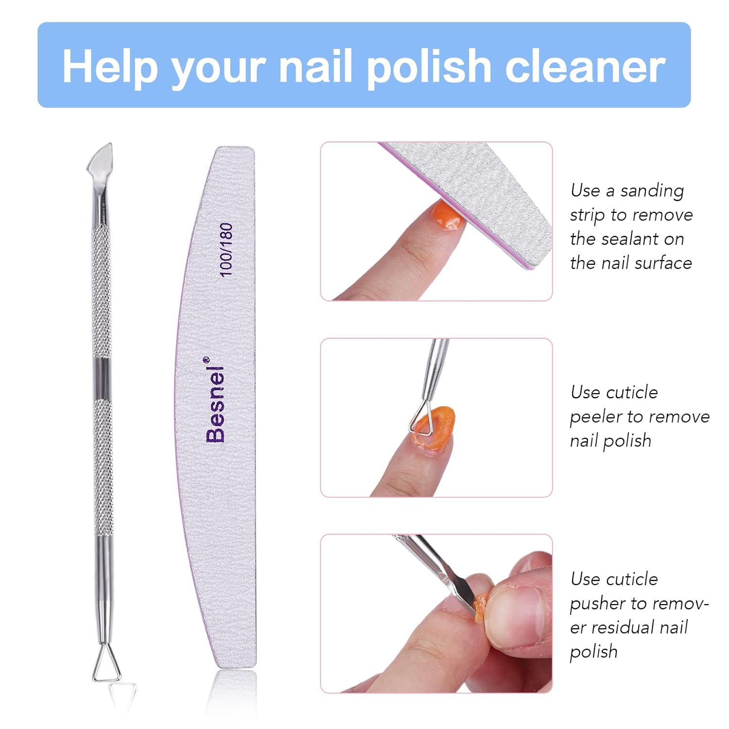 Gel Nail Polish Remover 5 Pack Professional Gel Polish Remover Non-Irritating Quick Easy,Nail Polish Gel Remover Tools Kit Nail File Cuticle Pusher Nail File Grit, No Need For Foil Soaking Or Wrapping-Velvo Beauty