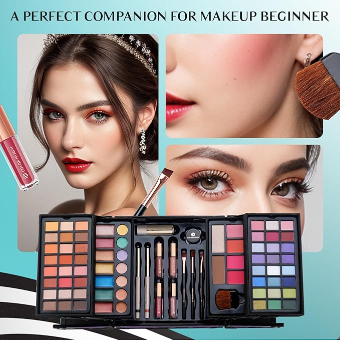Color Nymph All In One Makeup Kit Comestics Gifts for Girls Teens, Travel Makeup Set 4 Trays Train Case for Beginner Includes Eyeshadow Highlighter Lipgloss Blush Concealer Brush Eyeliner Lipbalm-Velvo Beauty