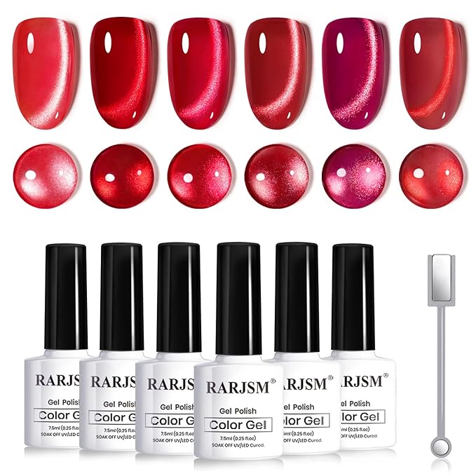 RARJSM Red Cat Eye Gel Nail Polish Set 6 Pcs Smoothie Ceramic Silver White Glitter Shimmer Burgundy Cherry Dark Wine Red Velvet Diamond Cateye Gel Polish with Magnetic Stick Soak off Curing Require-Velvo Beauty
