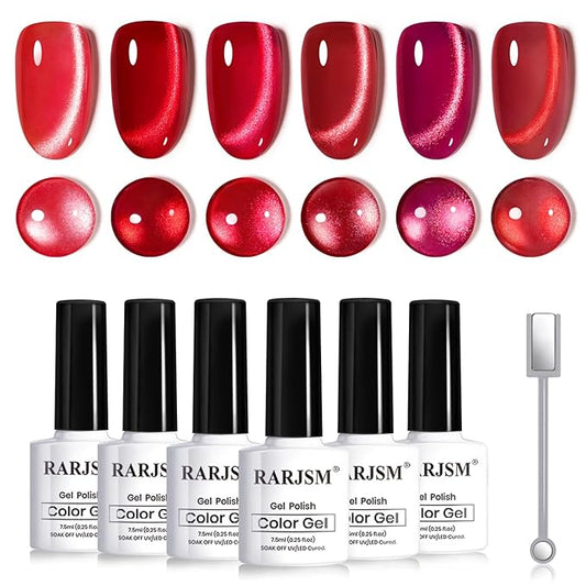 RARJSM Red Cat Eye Gel Nail Polish Set 6 Pcs Smoothie Ceramic Silver White Glitter Shimmer Burgundy Cherry Dark Wine Red Velvet Diamond Cateye Gel Polish with Magnetic Stick Soak off Curing Require-Velvo Beauty