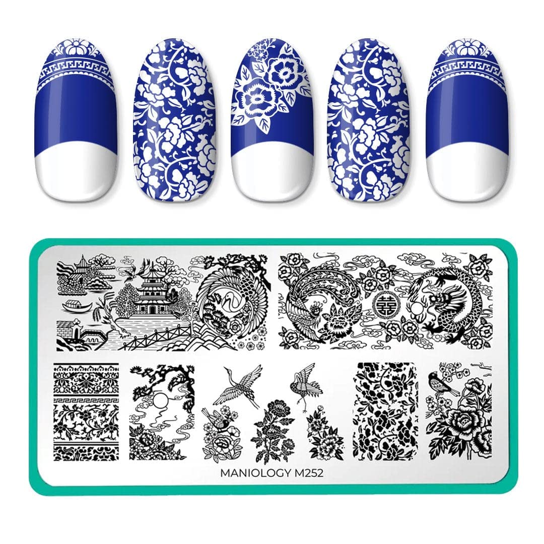 Maniology Porcelain Nail Stamping Plate | Classic Chinese Ceramic Dinnerware Design, Floral Patterns, Elegant DIY Manicure - Reusable, Rectangular, Stainless Steel Nail Art Template-Velvo Beauty