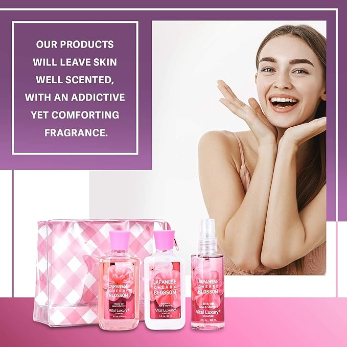 Bath & Body Kit Japanese Cherry Blossom, 3 Fl Oz, Ideal Skincare Gift, Home Spa Set, Includes Body Lotion, Shower Gel and Fragrance Mist, Perfect for Christmas Gifts and Festive Pampering-Velvo Beauty