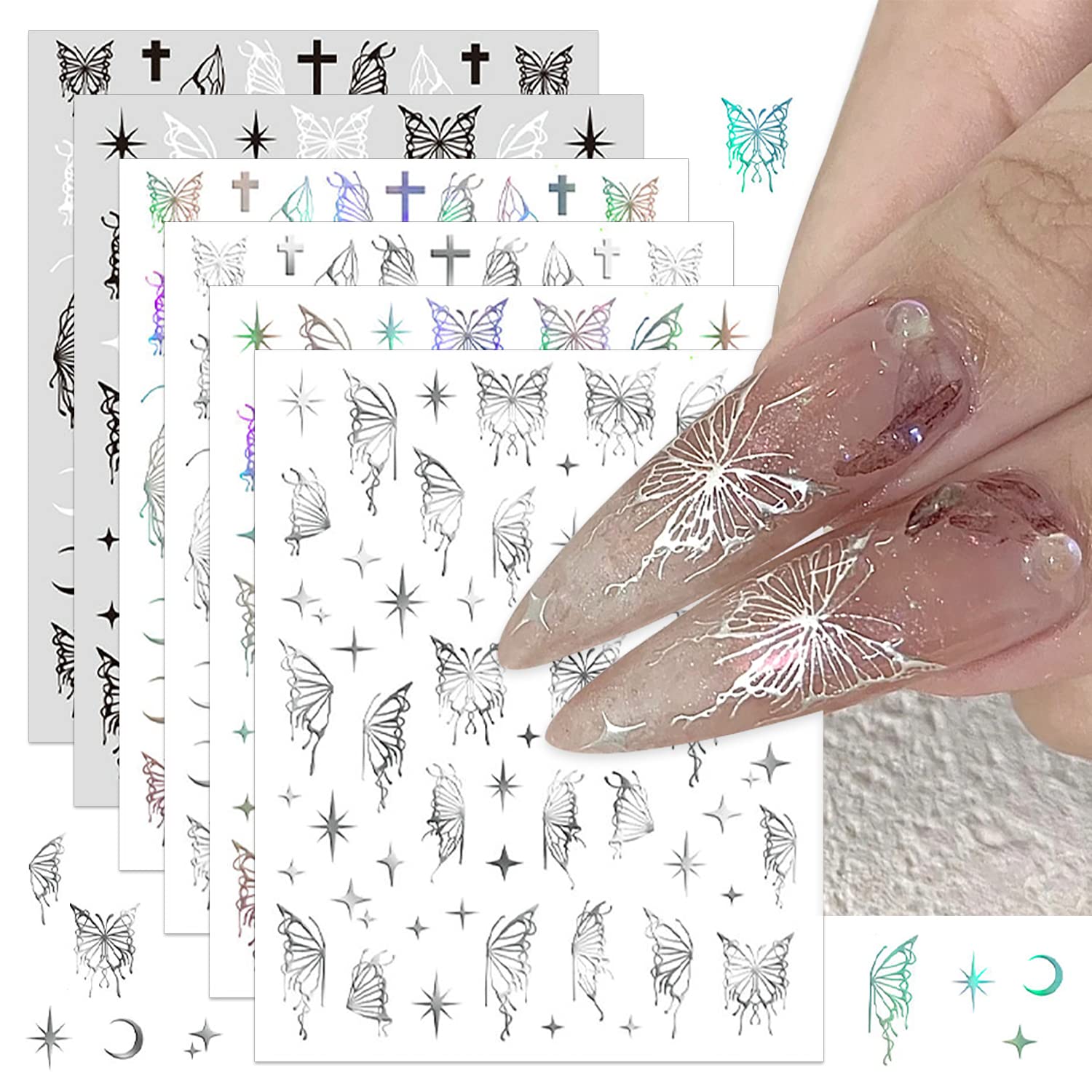 SILPECWEE 6 Sheets Butterfly Nail Stickers - 3D Nail Art Decals, Metallic Silver Aurora Retro Designs, Self-Adhesive Manicure Stickers-Velvo Beauty