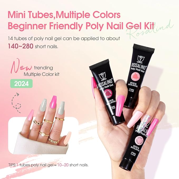 ROSALIND 14 Colors Poly Nail Gel Kit with Mini Nail Lamp Pink Brown Poly Nails Gel Kit Starter Kit With Slip Solution Kit Pink Extensions Gelfor Nail Manicure Beginner-Velvo Beauty