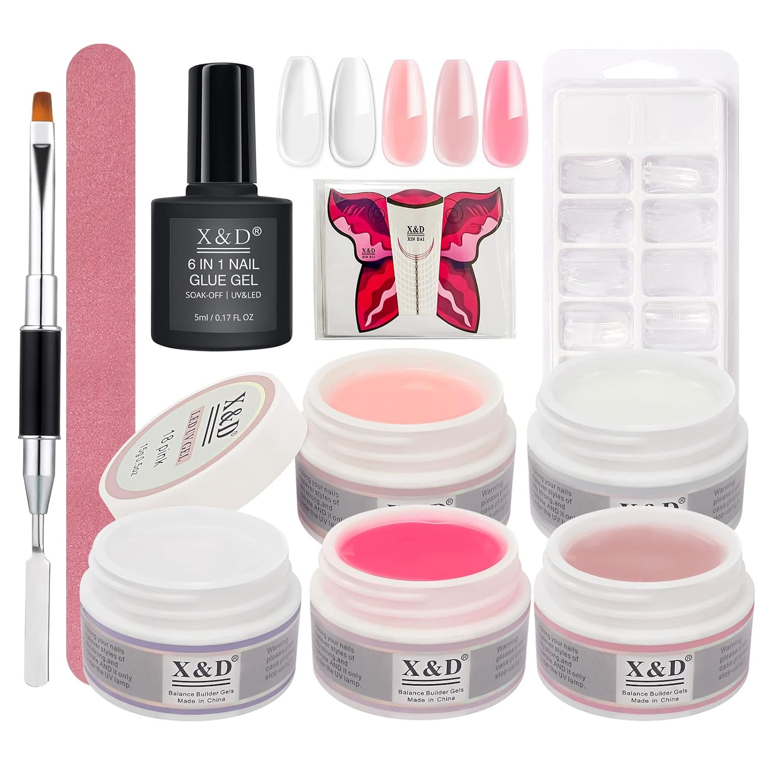 X&D Poly Gel Nail Kit 5 Colors Natural Clear Poly Nail Gel Kit Nail Extension Builder Nail Gel with Nail Glue Gel,Dual Forms, Nail Forms, Brush, File Set-Velvo Beauty