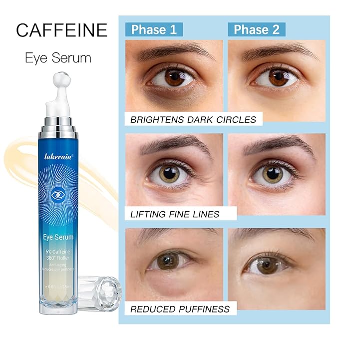 5% Caffeine Eye Serum with 360° Eye Massage Roller Eye Serum for Dark Circles & Relieve Puffiness, Reduce Wrinkles and Fine Lines, Eye Bags, Tighten Lifting Brightening Under Eye Cream-0.5 OZ-Velvo Beauty