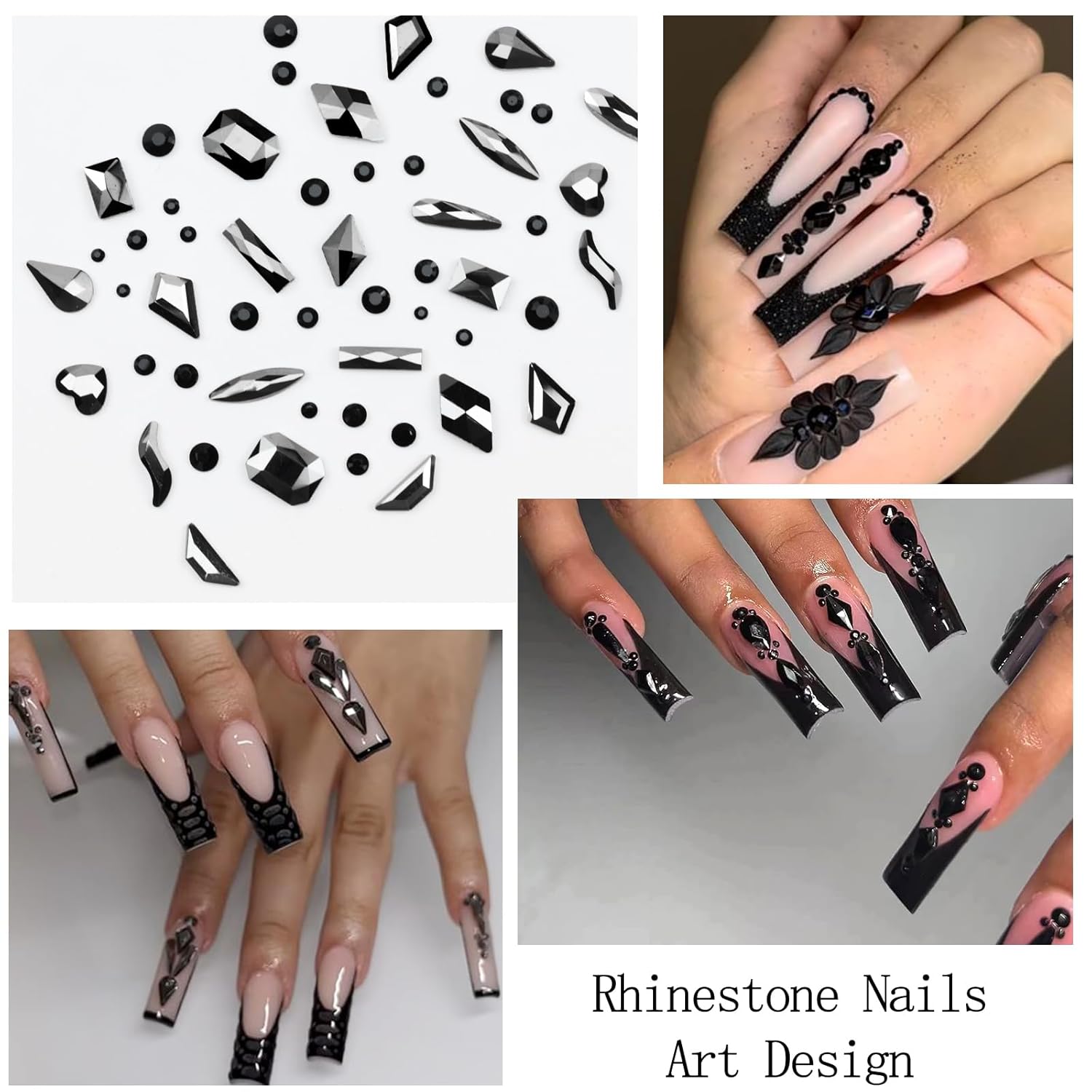 Nail Art Rhinestones with Glue Gel Flatback Nail Charms Luxurious Supplies Accessories Champagne Nails Gems Jewelry for Women Nails DIY Design Decoration,Black-Velvo Beauty