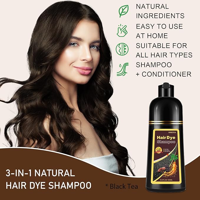 Natural Black Tea Hair Dye Shampoo 3-in-1, 100% Gray Hair Coverage in Minutes, Hair Instant Dye Shampoo for Women Men, Plant Based Hair Color Shampoo with Conditioner, Champu Con Tinte Para Canas-Velvo Beauty