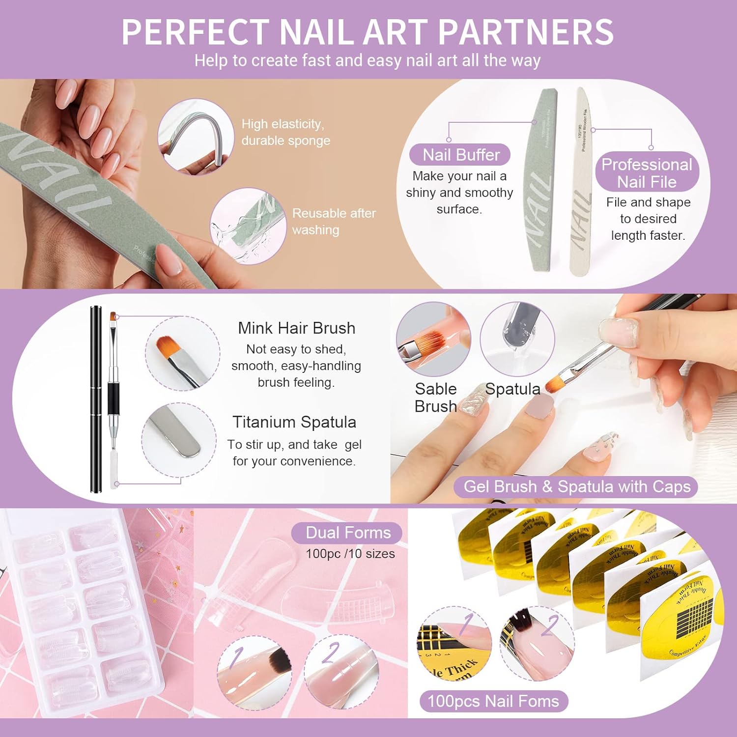 X&D Poly Gel Nail Kit - Natural Clear 5 Colors, Dual Forms, Gel Brush with Spatula, Professional Nail File and Buffer Set-Velvo Beauty