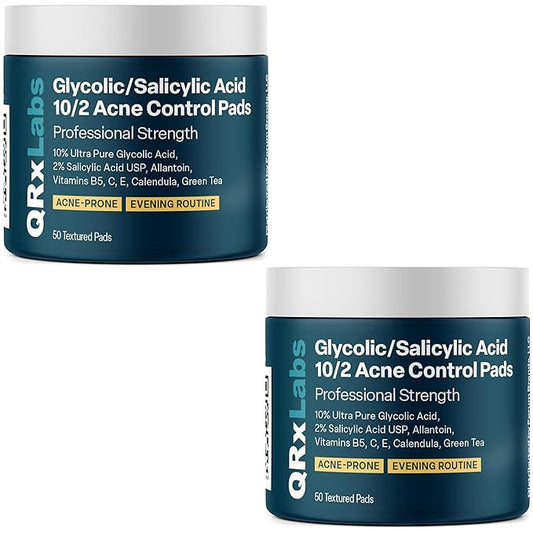 QRxLabs Glycolic/Salicylic Acid 10/2 Acne Control Pads with 10% Ultra Pure Glycolic + 2% Salicylic Acid, Allantoin, Vitamins B5, C & E, Calendula Green Tea - Most Effective Treatment Clear Skin - 2PK-Velvo Beauty