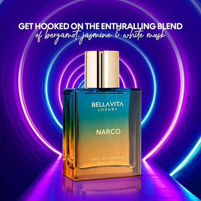 BELLAVITA Luxury NARCO Unisex Perfume for Women and Men | Notes of Bergamot, Jasmine and White Musk | Long-Lasting Luxury Perfume Oils | French Parfum for Women & Men, 100 ML-Velvo Beauty