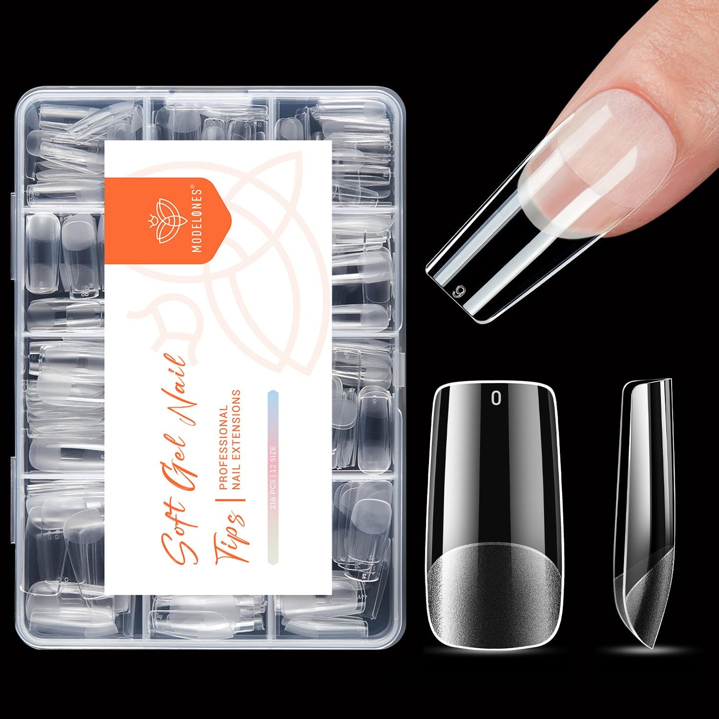 modelones Medium Square Nail Tips, Pre-shaped Soft Gel Tips Fake Nails False Acrylic Clear Full Cover Press on Extension Kit Gel Manicure DIY at Home 216PCS 12Sizes-Velvo Beauty