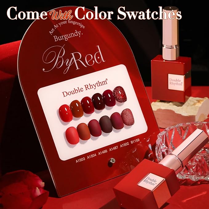 Double Rhythm 6 Pcs 15 ML Gel Polish Set Same Color Same Bottle Soak Off Gel Polish Kit Nail Art Manicure Salon DIY at Home for Women (Glitter Burgundy Dark Cherry Red Maroon-T6-7)-Velvo Beauty