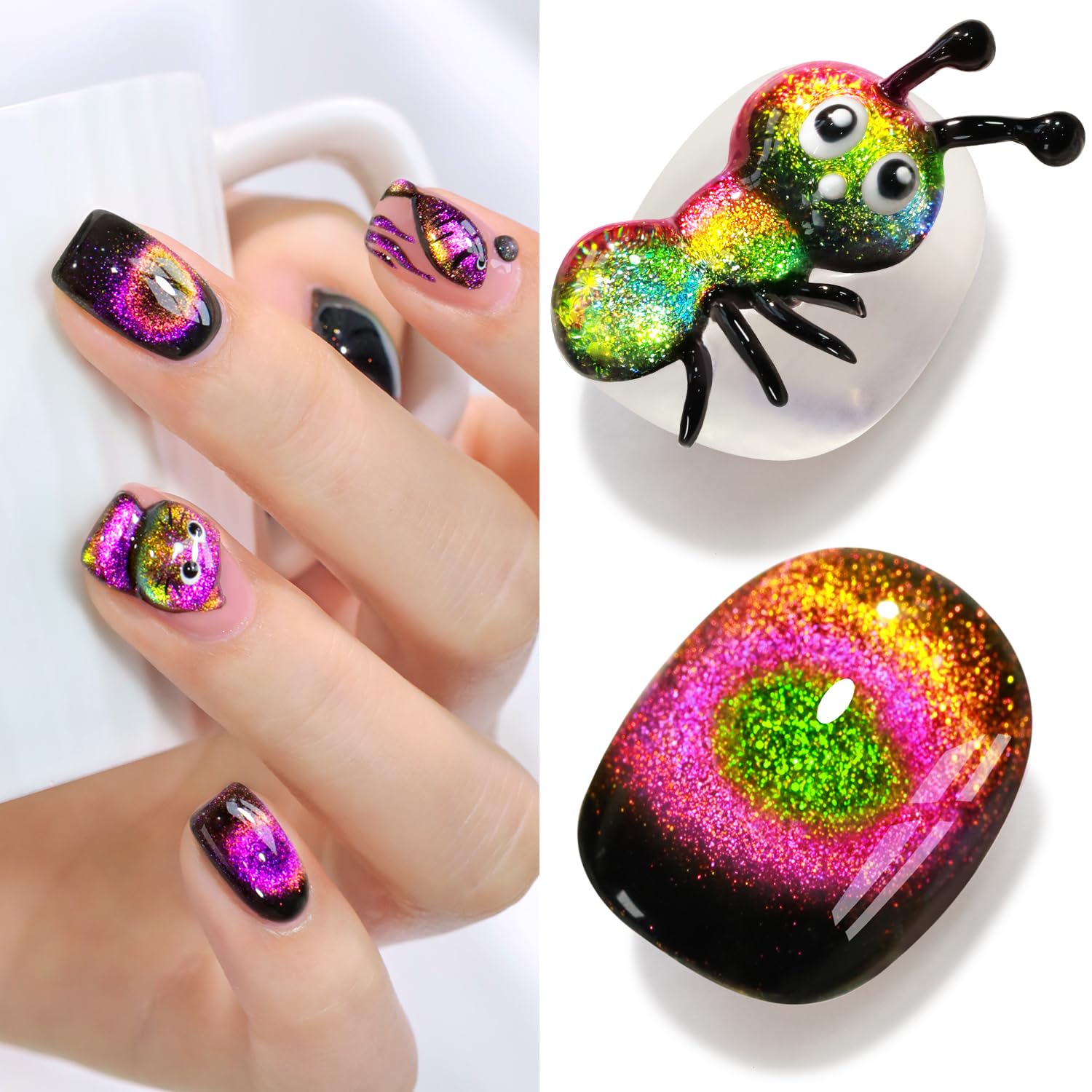 Double Rhythm Cat Eye Gel Polish with Magnet 15ML Holographic Glitter Shimmer Translucent Sheer Color Glass Magnetic Gel Polish Salon DIY at Home (Orange Pink-MC1051)-Velvo Beauty