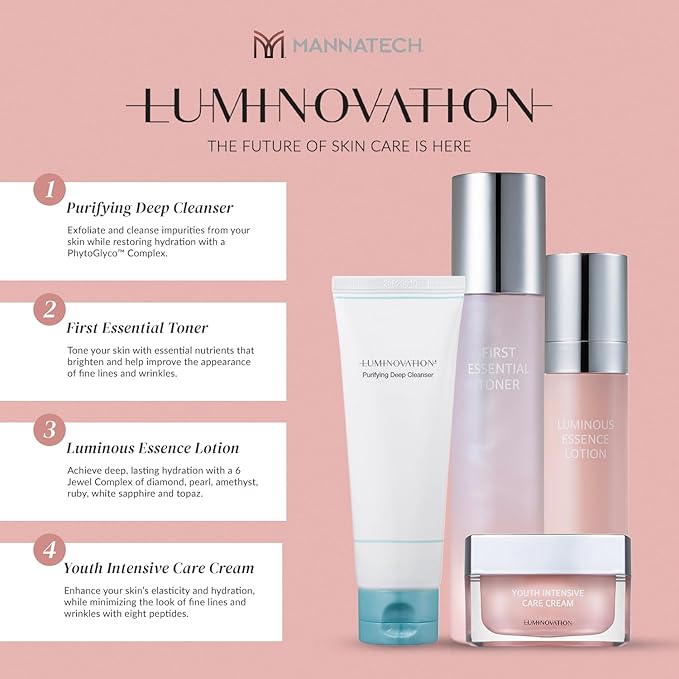 Mannatech | Luminovation K-Beauty System - 4-Step Korean Skincare Set: Purifying Deep Cleanser, First Essential Toner, Luminous Essence Lotion, and Youth Intensive Care Cream. K Skin Care Sets & Kits-Velvo Beauty
