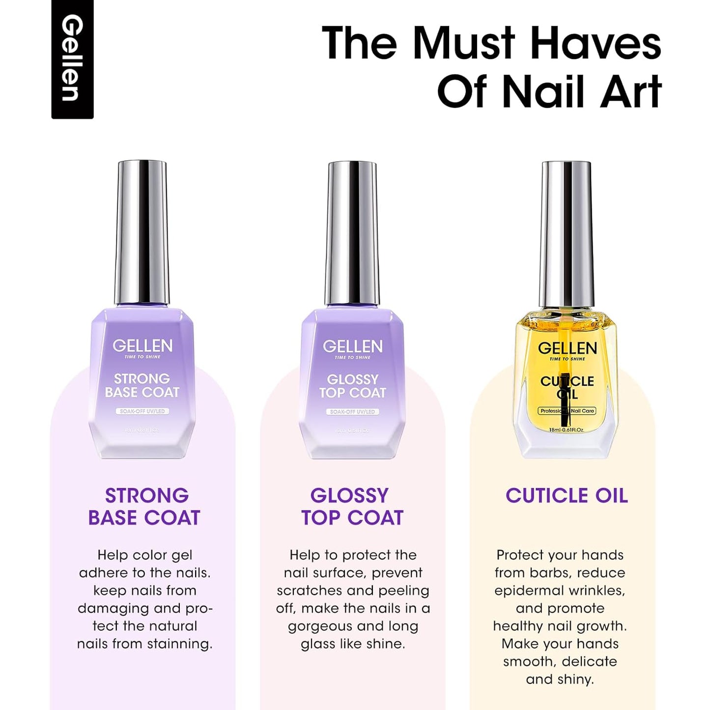 GELLEN 18 ml Glossy Top Coat Gel, Base Coat Gel & Cuticle Oil-Velvo Beauty