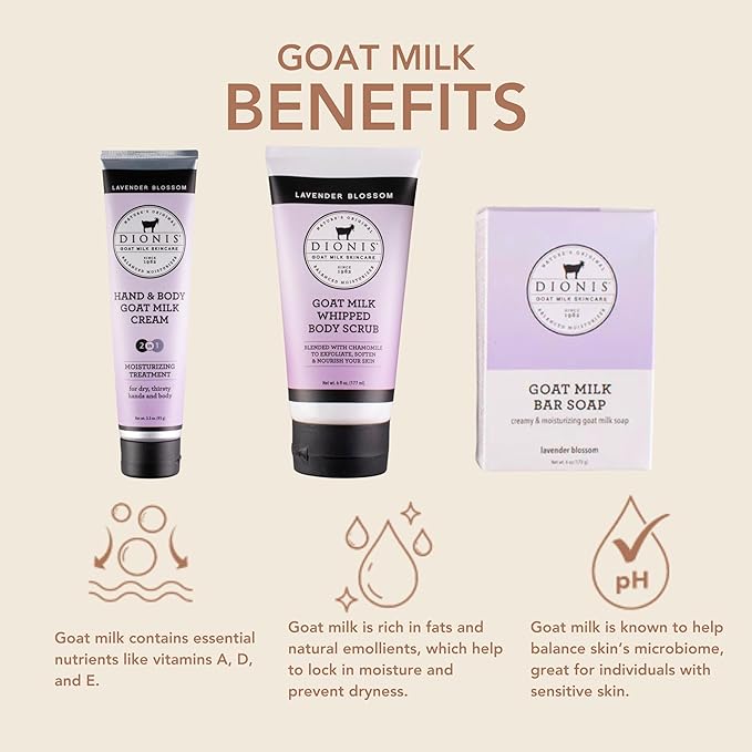 Dionis Goat Milk Skincare Lavender Blossom 3 Piece Self Care Essentials Gift Set - Bar Soap, Hand & Body Cream & Whipped Chamomile Sugar Body Scrub In Recyclable Box - Exfoliate & Moisturize Dry Skin-Velvo Beauty