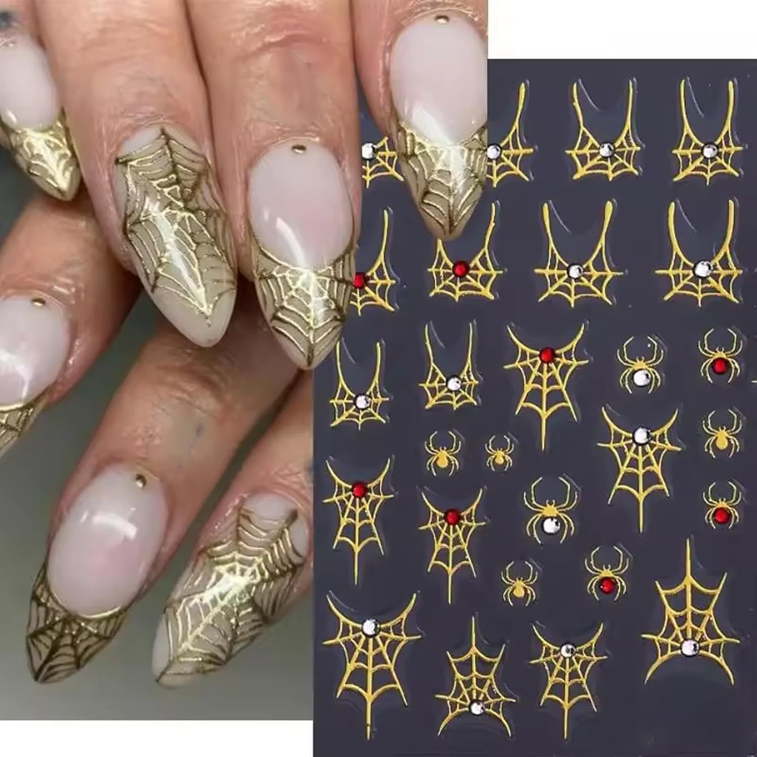 SILPECWEE 6 Sheets Halloween Nail Art Stickers, 3D Metal Nail Stickers Diamond Spider Web Nails Art Design Decal Manicure Sticker for Women Girl DIY Holiday Decoration-Velvo Beauty