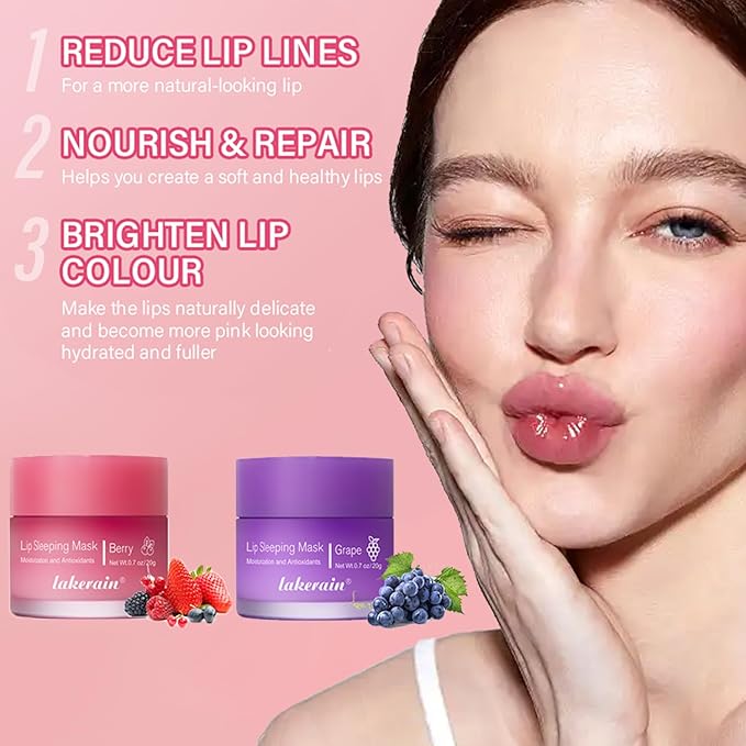 2PCS Lip Sleeping Mask, Lip Mask Overnight, Moisture & Lip Plumper Lip Wrinkles, Repair Lip Balm Prevention Dry and Cracked Lip Scrubs Exfoliato Smoothing Dry Lip Mask (Berry + Grape)-Velvo Beauty