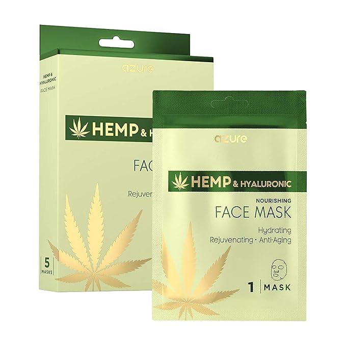 Azure Cosmetics Hemp Oil & Hyaluronic Acid Nourishing Facial Sheet - Anti Aging, Rejuvenating & Deeply Hydrating Mask - Reduces Fine Lines & Wrinkles, Locks in Moisture - Korean Skin Care - Pack of 5-Velvo Beauty