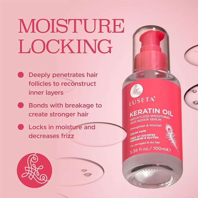 Luseta Keratin Hair Oil Serum for Color Treated Damaged & Dry Hair Strengthening & Nourishing, Keratin Hair Treatment Oil, Free of Sulfates, Paraben and Gluten 3.38 oz-Velvo Beauty