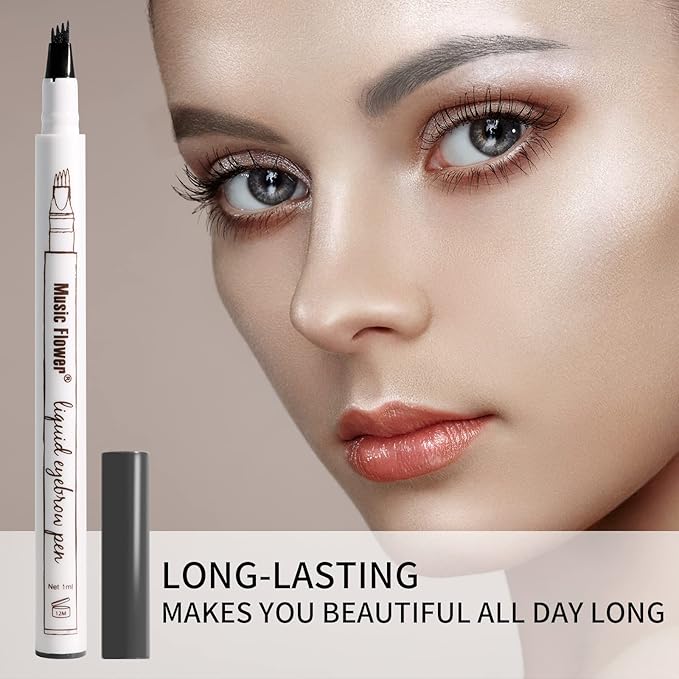 Music Flower Eyebrow Pen, Liquid Eyebrow pen, Waterproof Brow Pencil with Micro-Fork Tip, Smudgeproof Long Lasting Fine Sketch Microblading Pen-Dark grey-Velvo Beauty